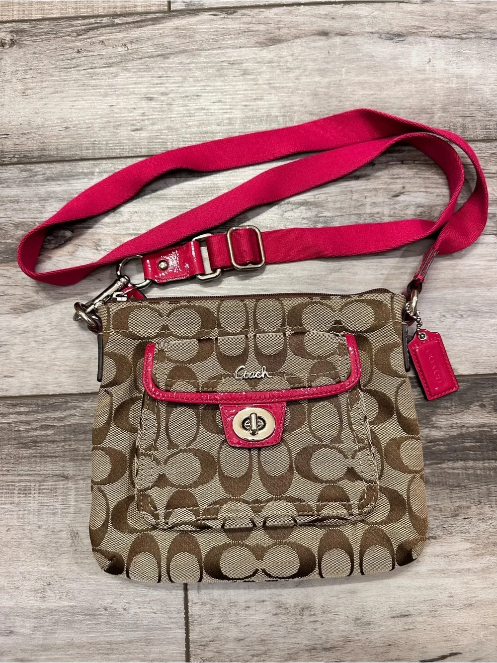 Coach Brown Signature Crossbody with Pink Trim and Strap
